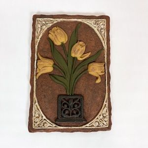 Vintage Hermitage 3-D Wall Tile Hand Painted Yellow Tulips With Border